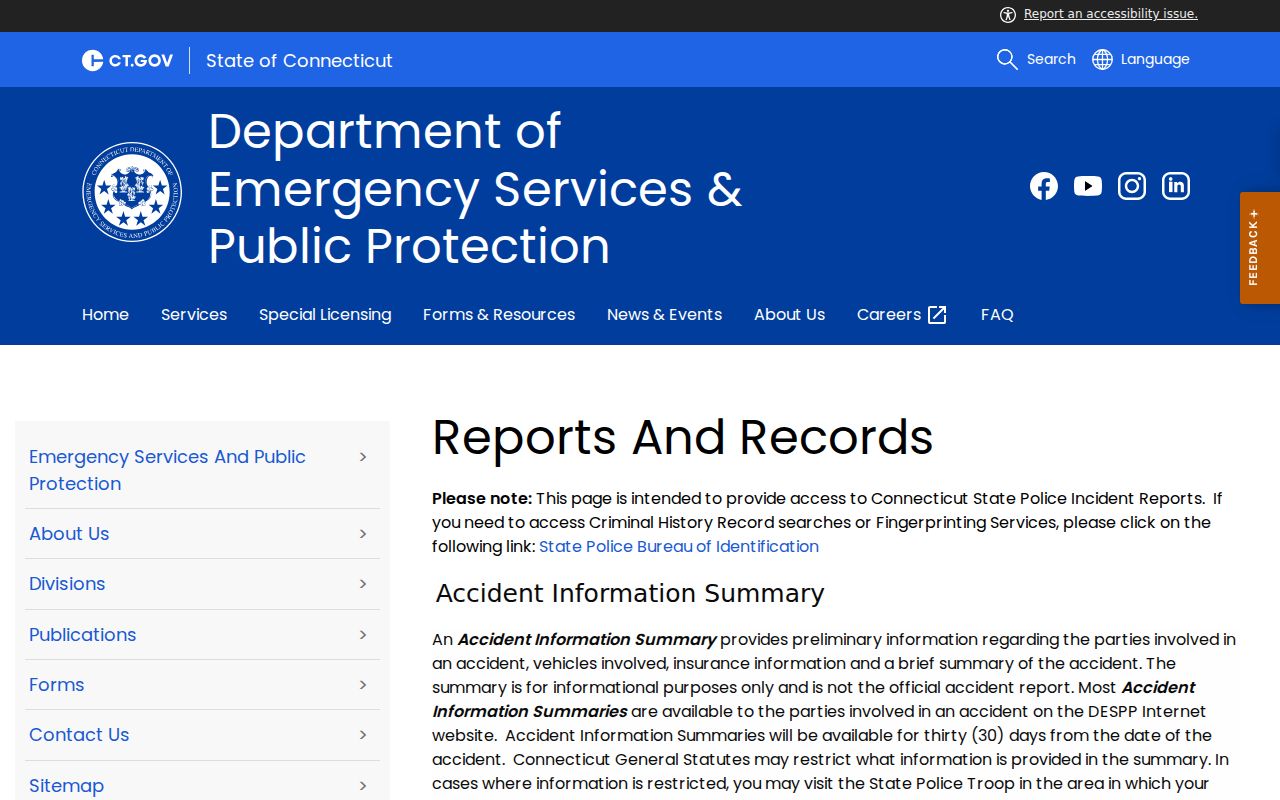 Connecticut State Police reports and records request page