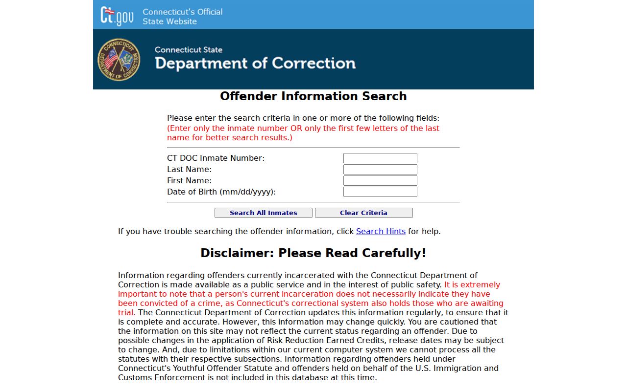Litchfield County criminal history CT DOC inmate lookup