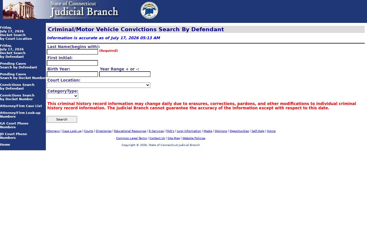 Connecticut criminal conviction case search form