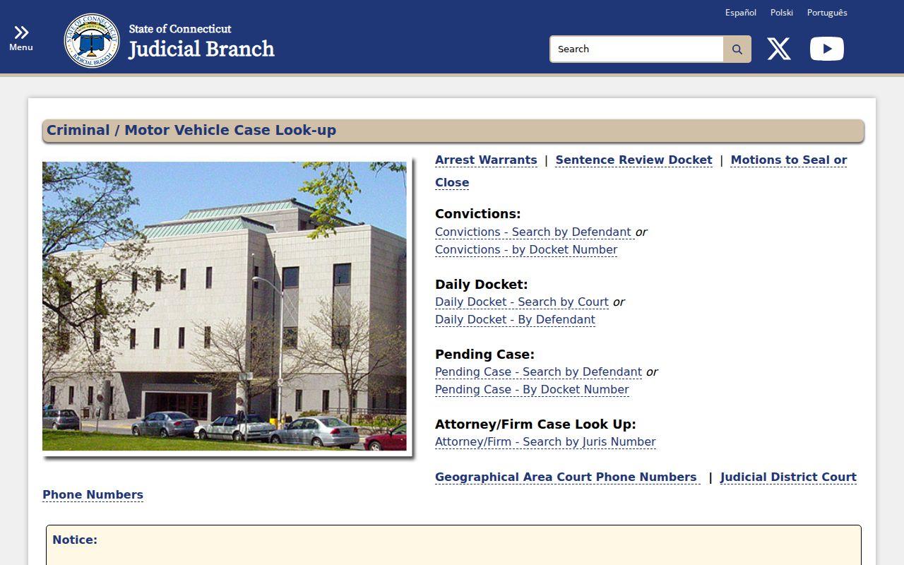 Connecticut Judicial Branch criminal case lookup menu